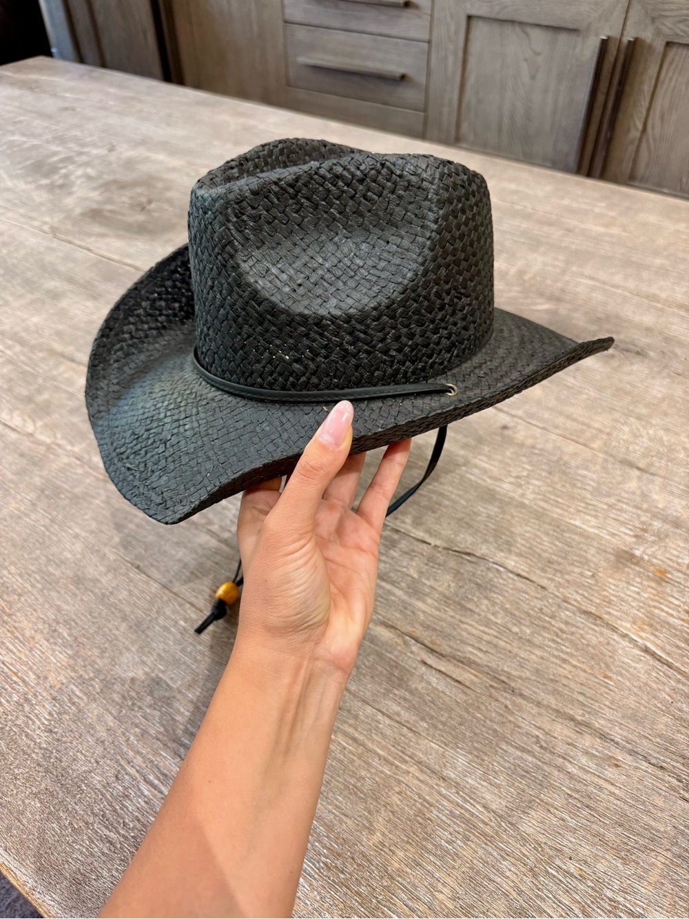 Black Woven Straw Cowboy Hat with Chin Cord